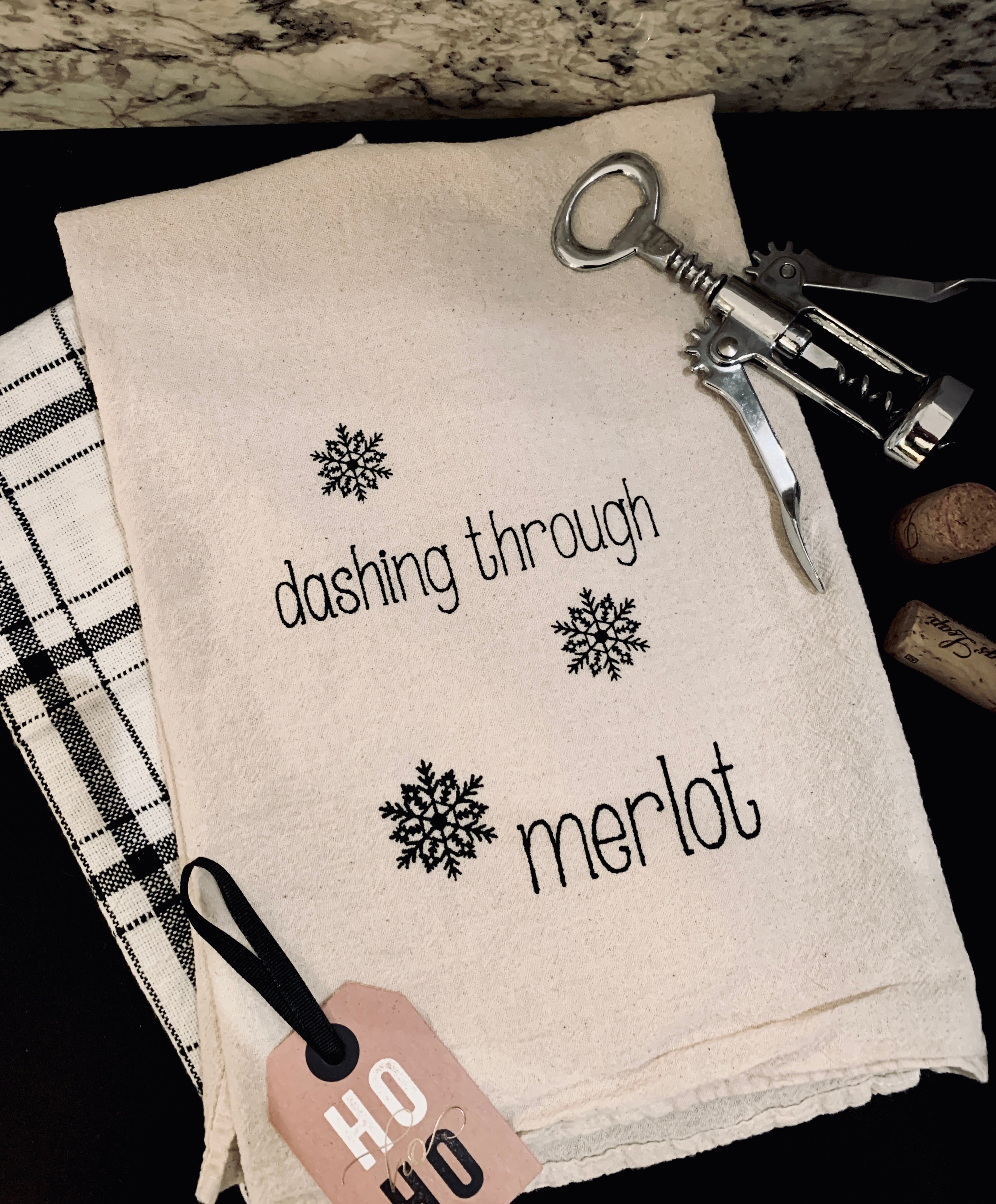 dashing through merlot kitchen tea towel
