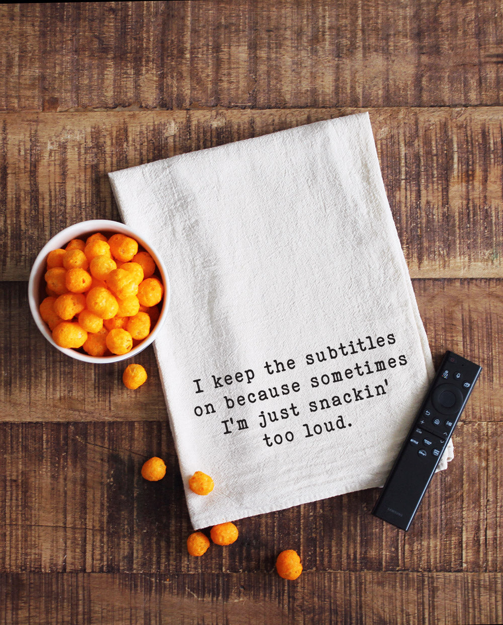 I keep the subtitles on because sometimes I'm just snackin' too loud natural tea towel