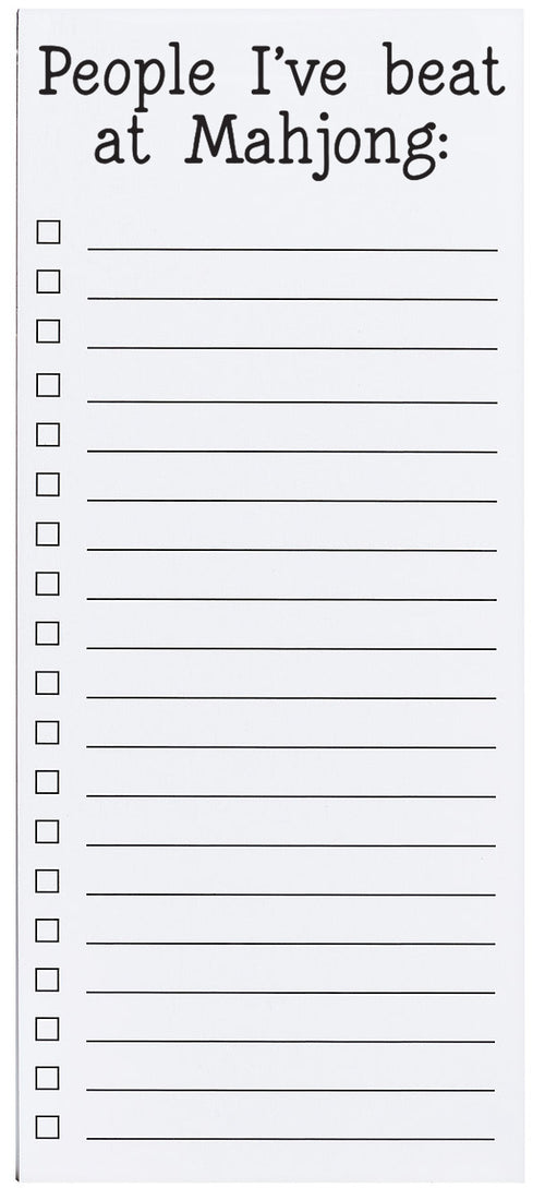 Magnetic list pad titled 'People I've beat at Mahjong:' printed in black ink on a white background.