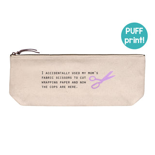Another view of the canvas zip pouch with the fabric scissors saying.