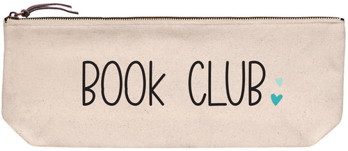 Canvas pouch with 'Book club' printed in black ink with teal and aqua heart design. 