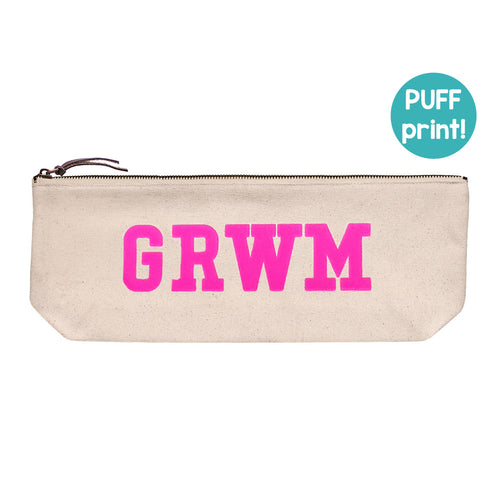 Cotton canvas zip pouch printed with "GRWM" in pink puff ink.