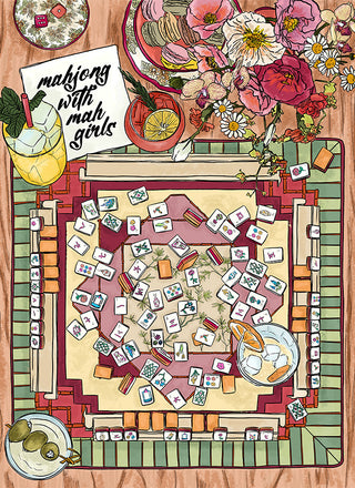 1000 piece puzzle with the text 'Mahjong with my girls' printed in black ink on a colorful soft touch puzzle.
