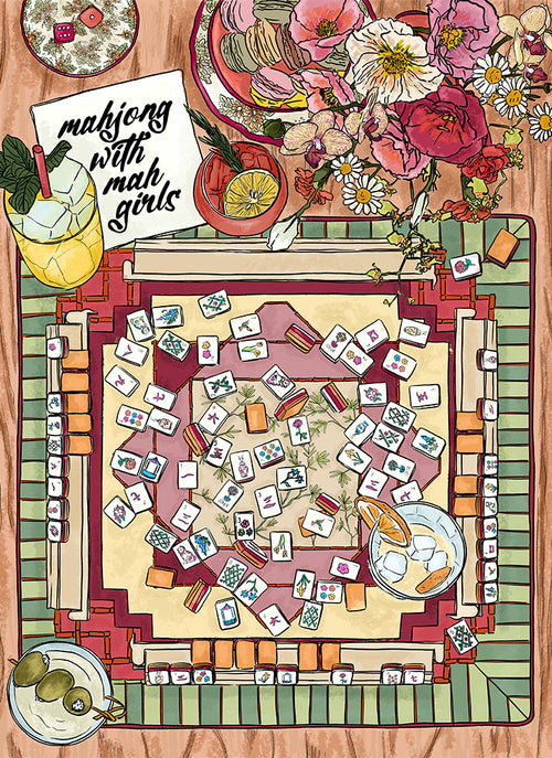 1000 piece puzzle with the text 'Mahjong with my girls' printed in black ink on a colorful soft touch puzzle.