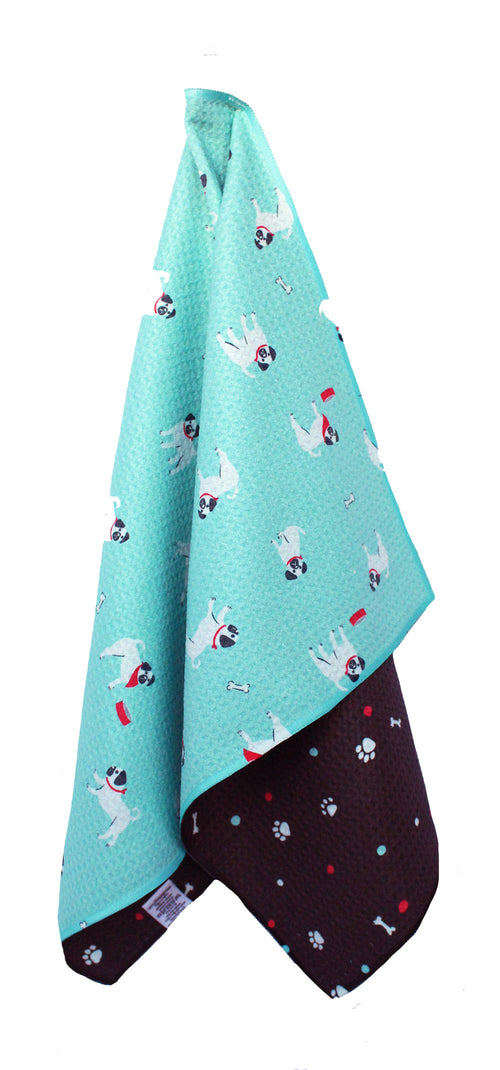 Aqua Pug Dogs  | two sided waffle towels with hanging loop