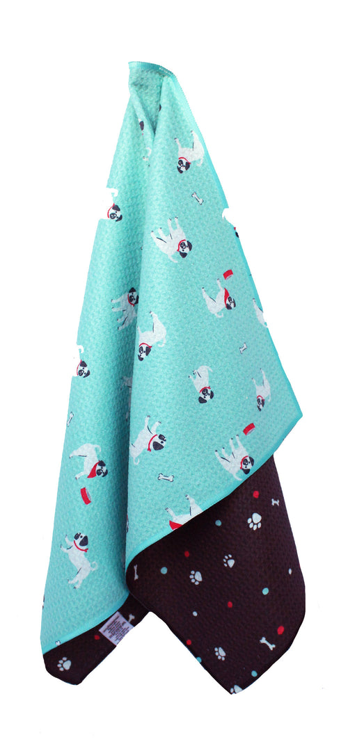 Aqua Pug Dogs  | two sided waffle towels with hanging loop