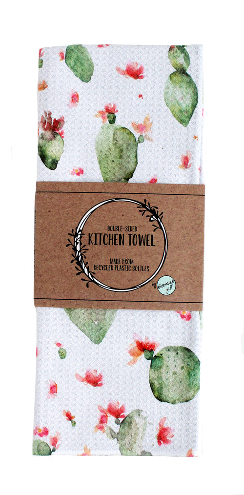 Watercolor cacti green and red | two sided waffle tea towels