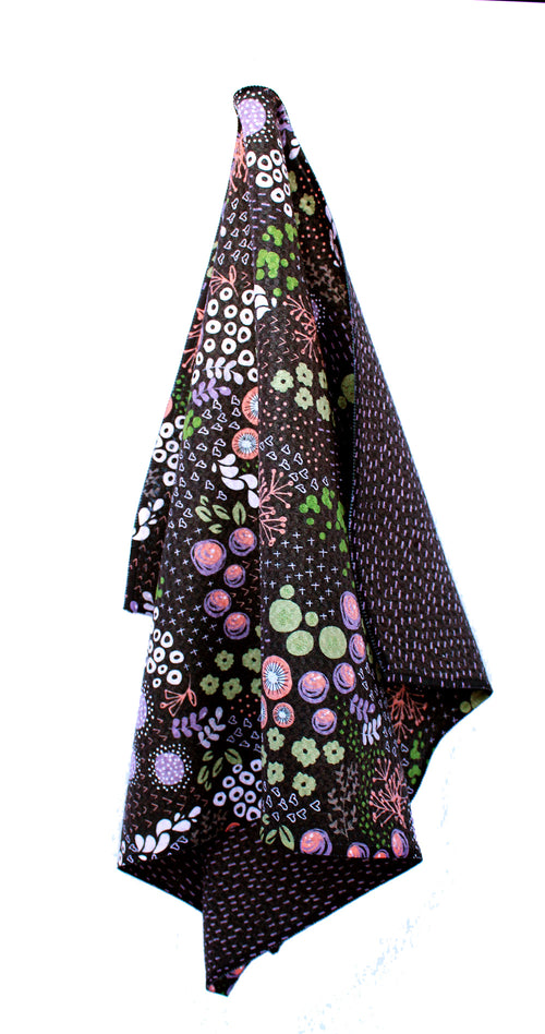 Circle Flowers Black and Coral | two sided waffle tea towels