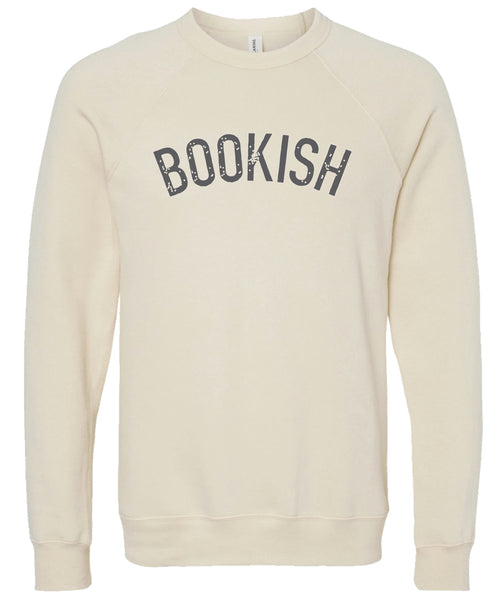 Cream sweatshirt with 'BOOKISH' text on a cream background
