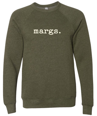Olive green sweatshirt with 'margs.' text printed in cream ink.