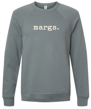 Storm sweatshirt with 'margs.' text printed in cream ink.