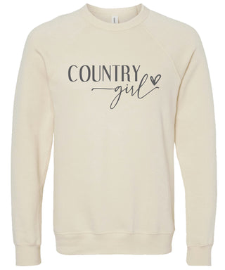 Cream sweatshirt with 'Country girl' text printed in gray ink.