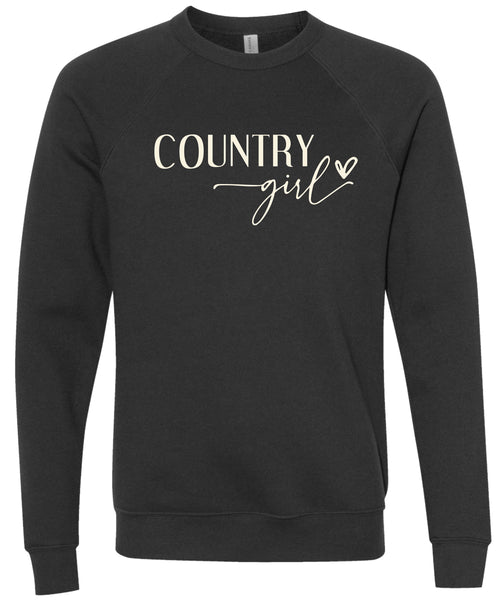 Black sweatshirt with 'Country girl' text printed in cream ink.