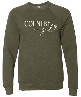 Olive green sweatshirt with 'Country girl' text printed in cream ink.