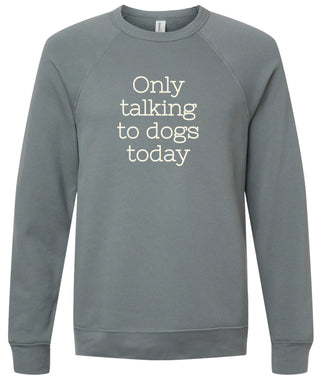 Storm sweatshirt with 'Only talking to dogs today' text printed in cream ink.