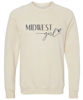 Cream sweatshirt with 'Midwest girl' text printed in gray ink.