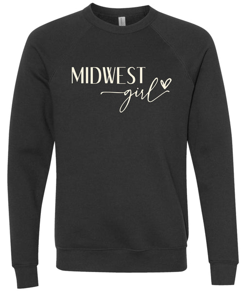 Black sweatshirt with 'Midwest girl' text printed in cream ink.