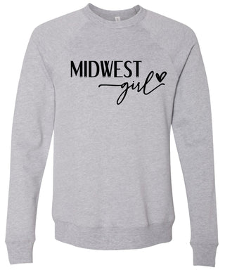 Gray sweatshirt with 'Midwest girl' text printed in black ink.