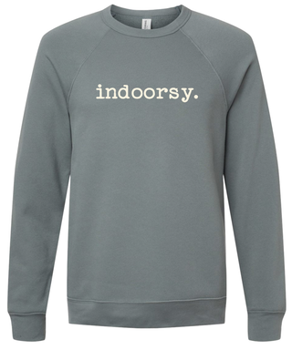 Storm colored sweatshirt with 'indoorsy.' text printed in cream ink.