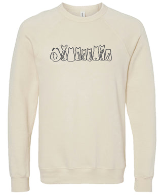 Cream sweatshirt with a graphic design of cat butts printed in gray ink.