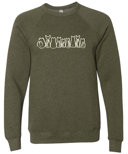 Moss sweatshirt with a graphic design of cat butts printed in cream ink.