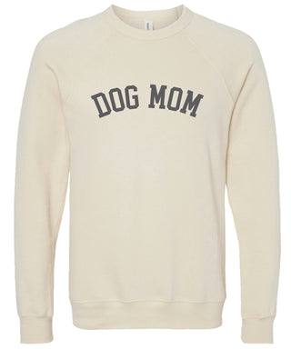 Cream sweatshirt with 'DOG MOM' text printed in gray ink.