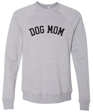 Light gray sweatshirt with 'DOG MOM' text printed in black ink.