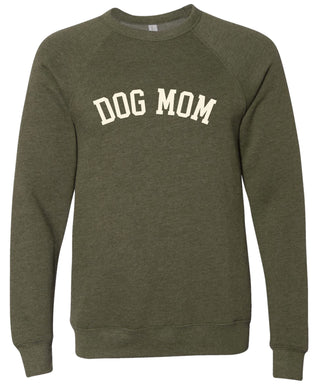 Moss sweatshirt with 'DOG MOM' text printed in cream ink.
