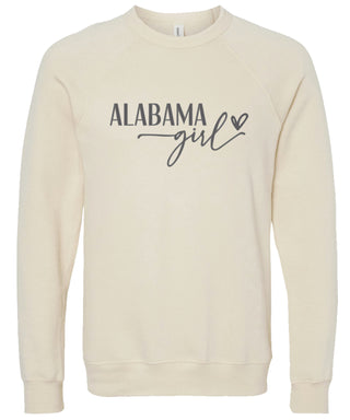 Cream sweatshirt with 'Alabama girl' printed in gray ink.