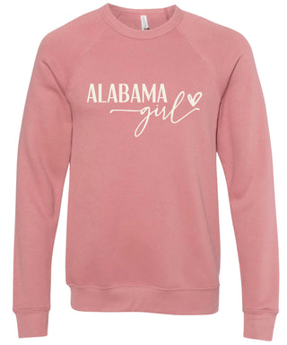 Dusty rose sweatshirt with 'Alabama girl' printed in cream ink.