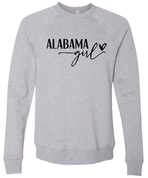 Heather gray sweatshirt with 'Alabama girl' printed in black ink.