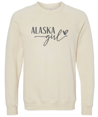 Cream sweatshirt with 'Alaska state girl' text printed in gray ink.