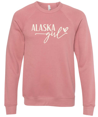 Dusty rose sweatshirt with 'Alaska state girl' text printed in cream ink.
