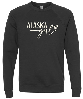 Heather black sweatshirt with 'Alaska state girl' text printed in cream ink.