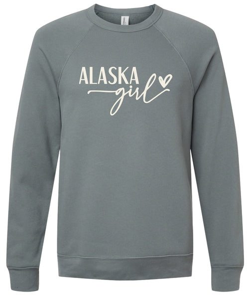 Storm sweatshirt with 'Alaska state girl' text printed in cream ink.