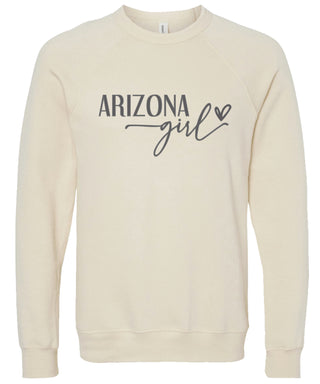 Cream sweatshirt with 'Arizona state girl' text printed in gray ink.