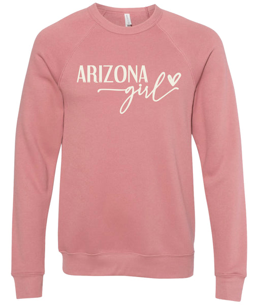 Dusty rose sweatshirt with 'Arizona state girl' text printed in cream ink.