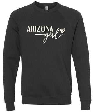 Heather black sweatshirt with 'Arizona state girl' text printed in cream ink.