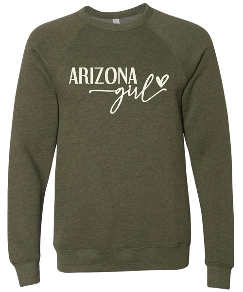 Heather olive sweatshirt with 'Arizona state girl' text printed in cream ink.