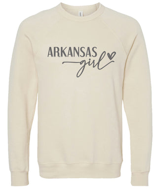 Cream sweatshirt with 'Arkansas state girl' text printed in gray ink.