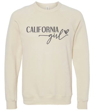 Cream sweatshirt with 'California state girl' text printed in gray ink.
