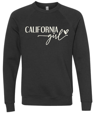 Heather black sweatshirt with 'California state girl' text printed in cream ink.