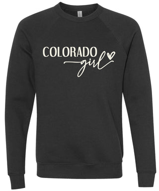Heather black sweatshirt with 'Colorado state girl' text printed in cream ink.