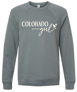 Storm sweatshirt with 'Colorado girl' text printed in cream ink.