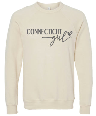 Cream sweatshirt with 'Connecticut girl' text printed in gray ink.