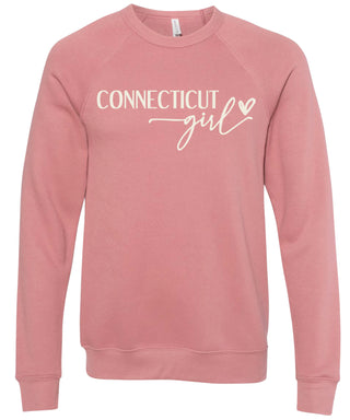 Dusty rose sweatshirt with 'Connecticut girl' text printed in cream ink.