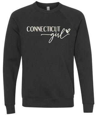 Heather black sweatshirt with 'Connecticut girl' text printed in cream ink.