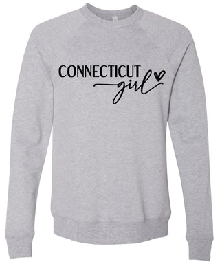 Heather gray sweatshirt with 'Connecticut girl' text printed in black ink.