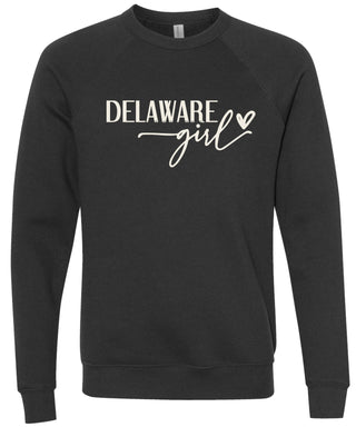 Heather black sweatshirt with 'Delaware girl' printed in cream ink.