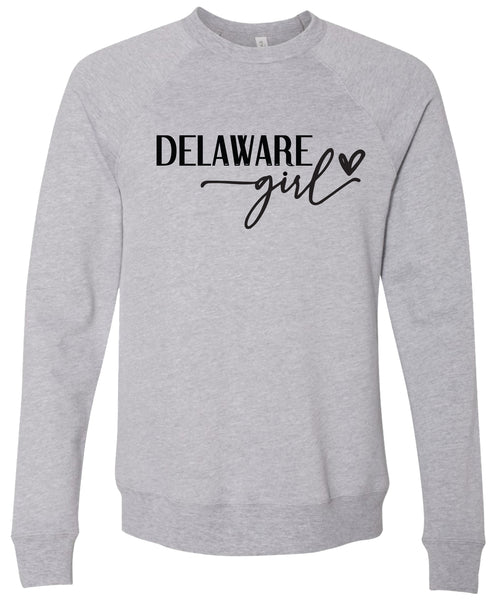 Heather gray sweatshirt with 'Delaware girl' printed in black ink.